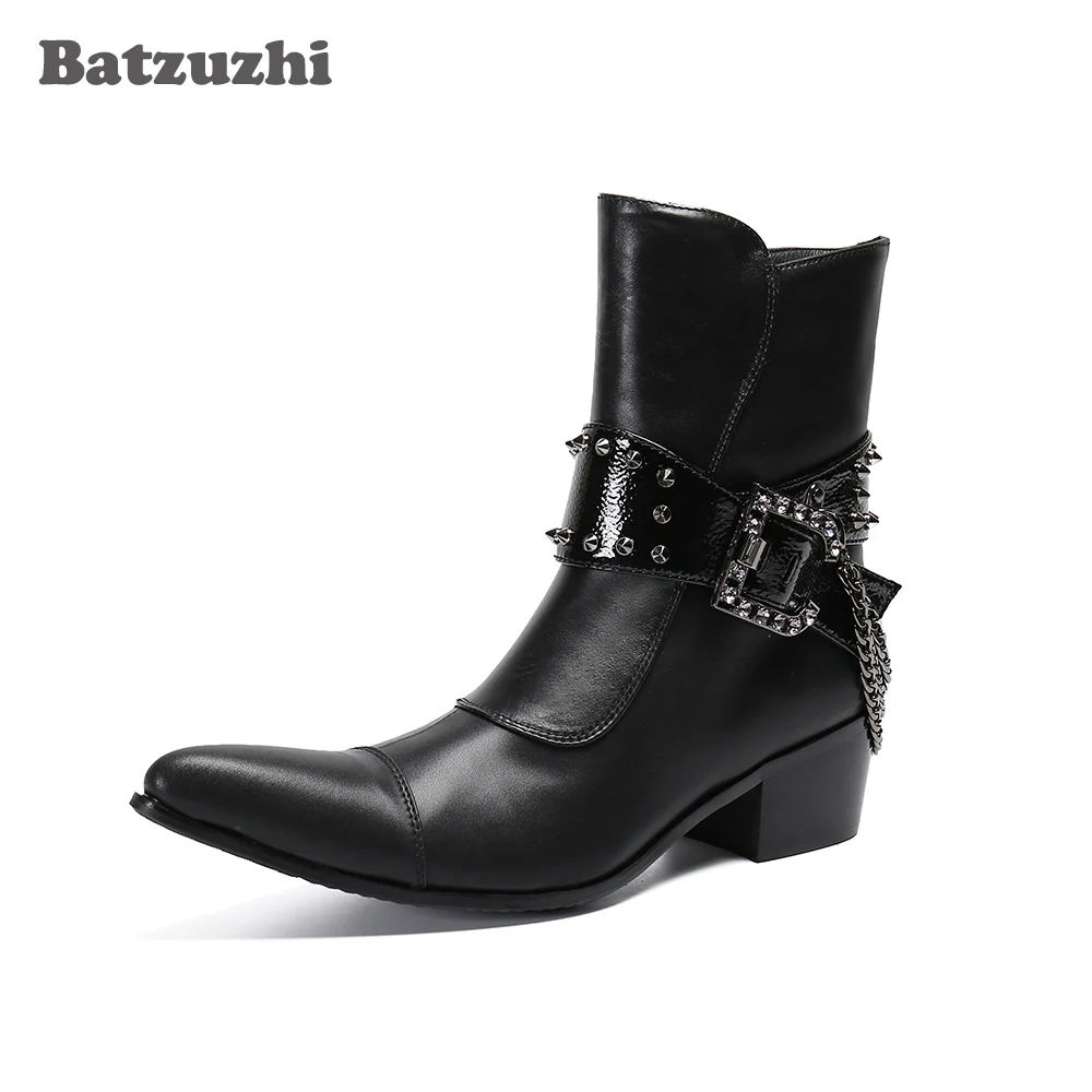 Batzuzhi Western Cowboy Boots Men Pointed Toe Leather Ankle Boots Men Buckles Chains Punk Motorcycle Botas Hombre,Big Sizes US12