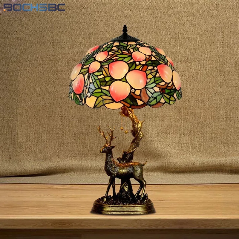 BOCHSBC Tiffany Style Desk Lamp Multicolor Stained Glass Table Lights Home Decorative Christmas Wapiti Elk Gift Art Lighting