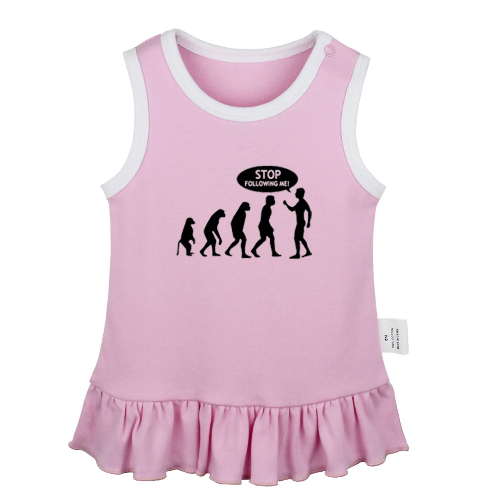 

Stop Following Me! Evolution Funny Monkey Humen Newborn Baby Girls Dresses Toddler Sleeveless Dress Infant Cotton Clothes