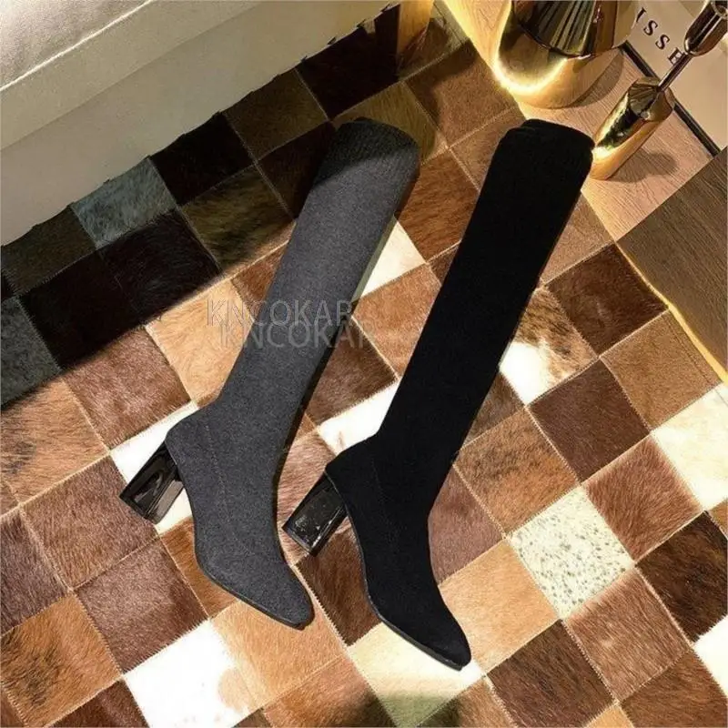 2021 new long tube knitted wool over the knee elastic stockings boots round head thin high-heeled thin boots