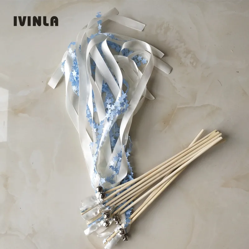 30pcs/lot light blue wedding ribbon wands with bell for wedding decoration