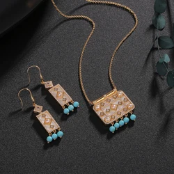 Women Fashion 2 Pcs Necklace & Earring Square Shape Shell Colorful Beads Design Gold Plated Wedding Bride Luxury Jewelry Set