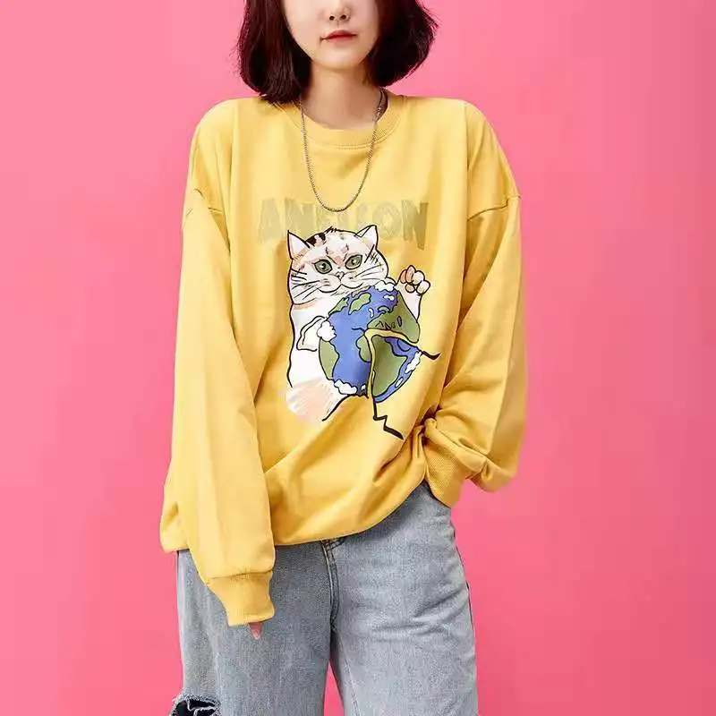 Korean Fashion Women Autumn Long Sleeve Cotton Hoodies Cartoon Printing Cute Cat Sweater For Female Leisure Loose Pullovers