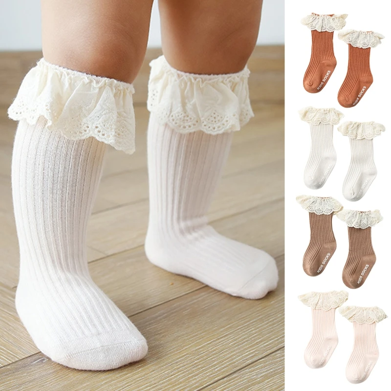 Toddler Infant Baby Girls Knee High Socks with Grips Ruffled Lace Ribbed Knit Solid Color Non-Skid Cotton Long Stockings 0-3Y