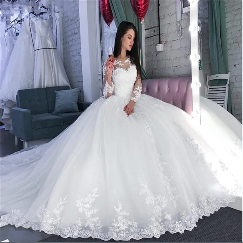 Long Sleeves Ball Gown Wedding Dress Robe De Mariee 2022 Luxury Plus Size Lace Appliques Bride Dresses vestidos de noiva