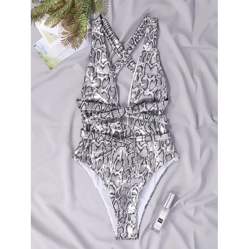 Bkld 2024 Nieuwe Body Suits Voor Vrouwen Eendelige Outfits Slangenleer Mouwloze Print Diepe V-Hals Rugloze Bodycon Clubkleding