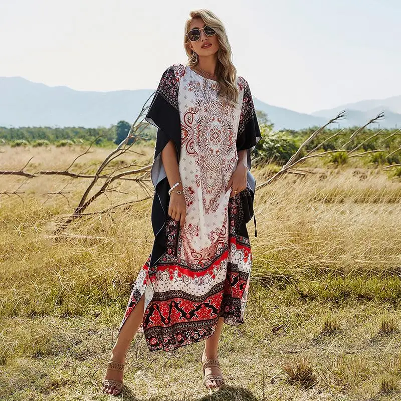 Spring Summer 2021 Maxi Dresses For Women O Neck Long Dress Batwing Sleeve Loose Lace Up Waist Floral Patchwork Dress Streetwear