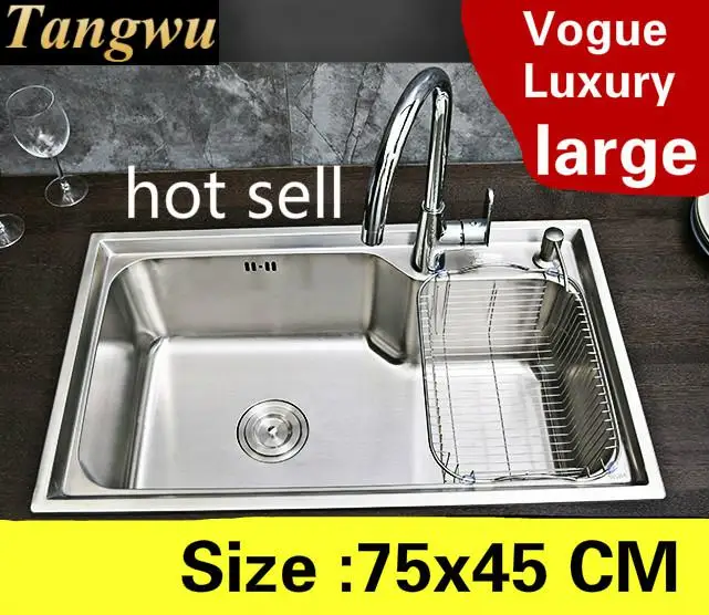 

Free shipping Apartment big kitchen single trough sink wash vegetables high quality 304 stainless steel luxury hot sell 75x45 CM