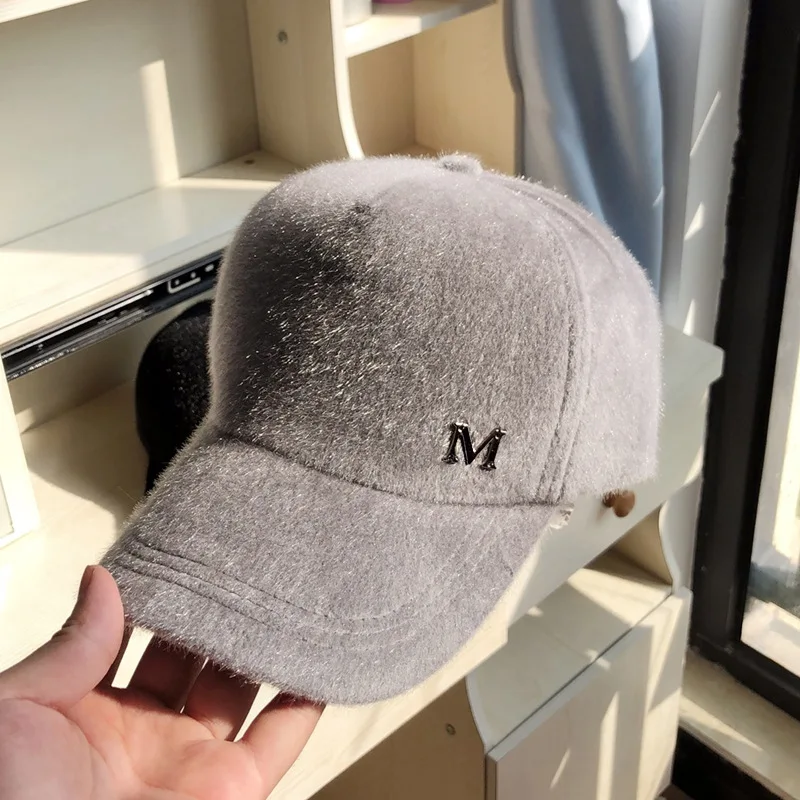 Keep warm Winter ladies fur ball hat letter M Baseball Cap retrro sports caps women bone gorras curved fitted washed vintage hat