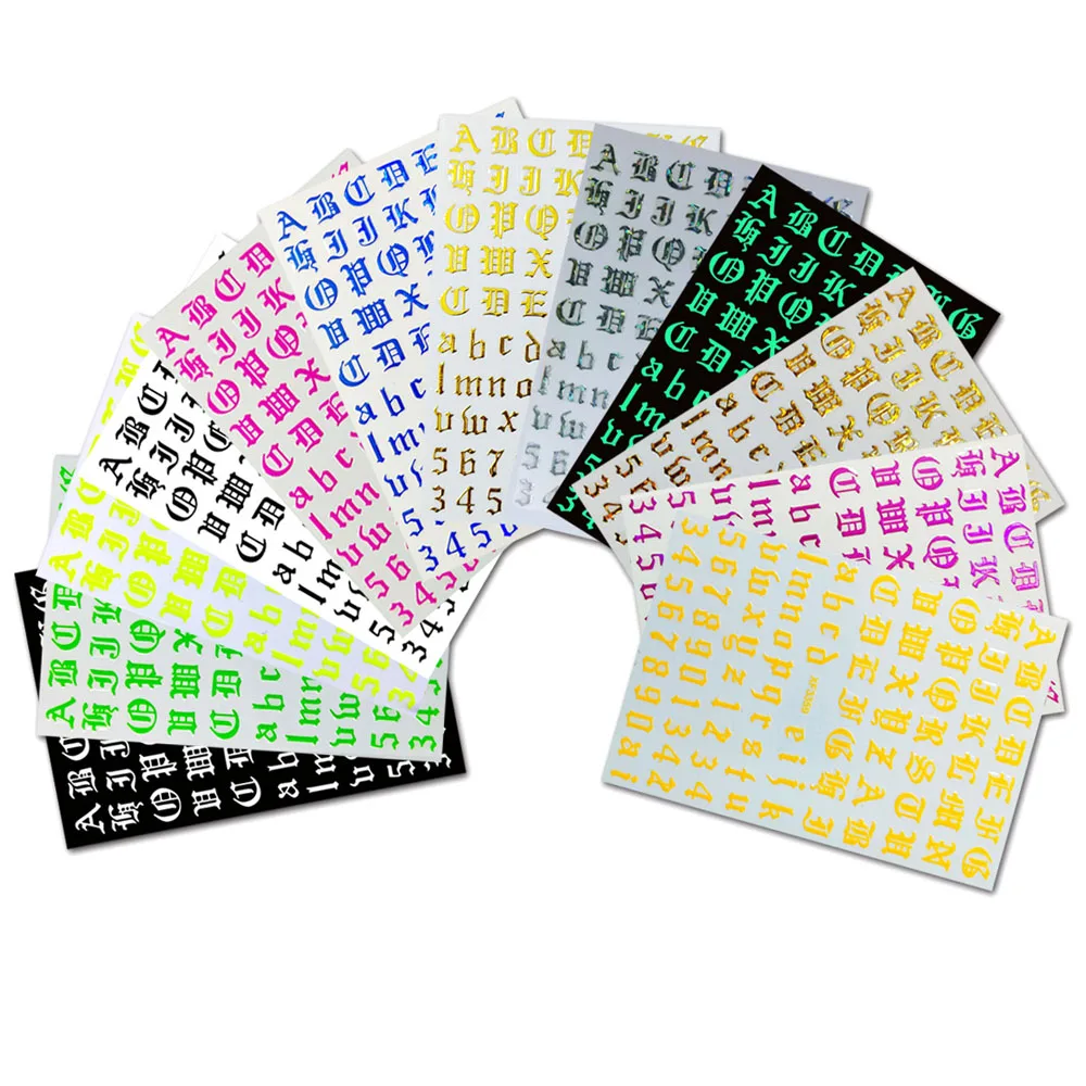 3D ישן אנגלית אלפבית נייל אמנות מדבקת רטרו ניאון סימפוניה מספר מדבקות זהב/כסף/שחור/לבן דבק מכתב נייל גולשים