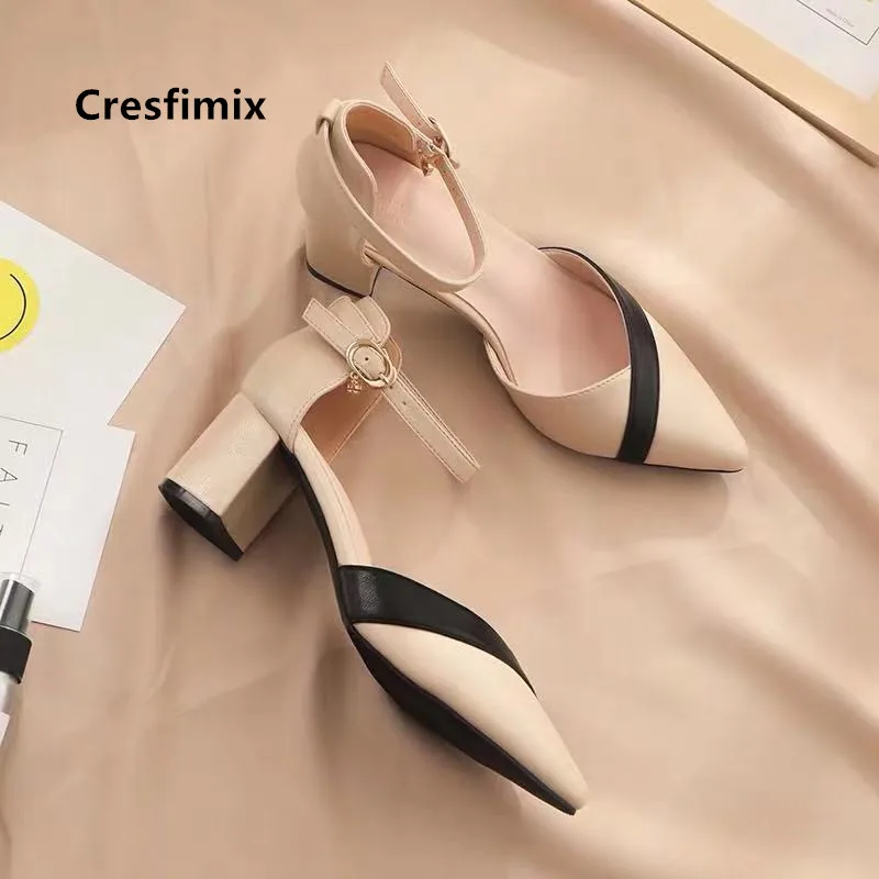 Cresfimix-zapatos de tacón cuadrado para mujer, calzado clásico de piel sintética, color negro, para fiesta y Club nocturno, color Beige, C5762
