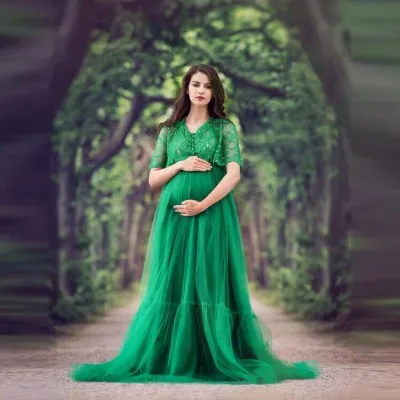 

Charming Green Lace Tulle Maternity Dresses A Line Bridal Pregnancy Dressing Gowns Short Sleeve Custom Made Baby Showers