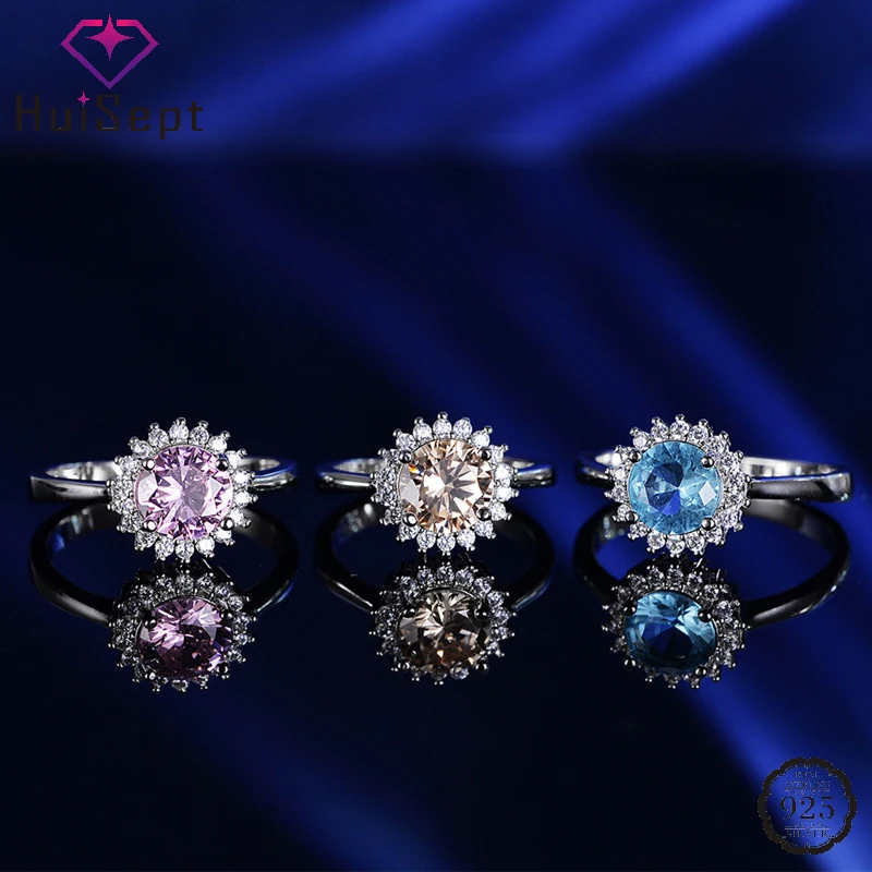 

HuiSept Round Ring 925 Silver Jewelry Ornaments with Zircon Gemstone Finger Rings for Women Wedding Bridal Party Gift Wholesale