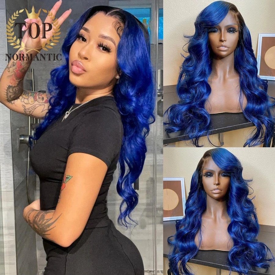 

Topnormantic Ombre Blue Color Brazilian Remy Human Hair Wigs with Baby Hair 13x6 Lace Front Body Wave Wig For Women