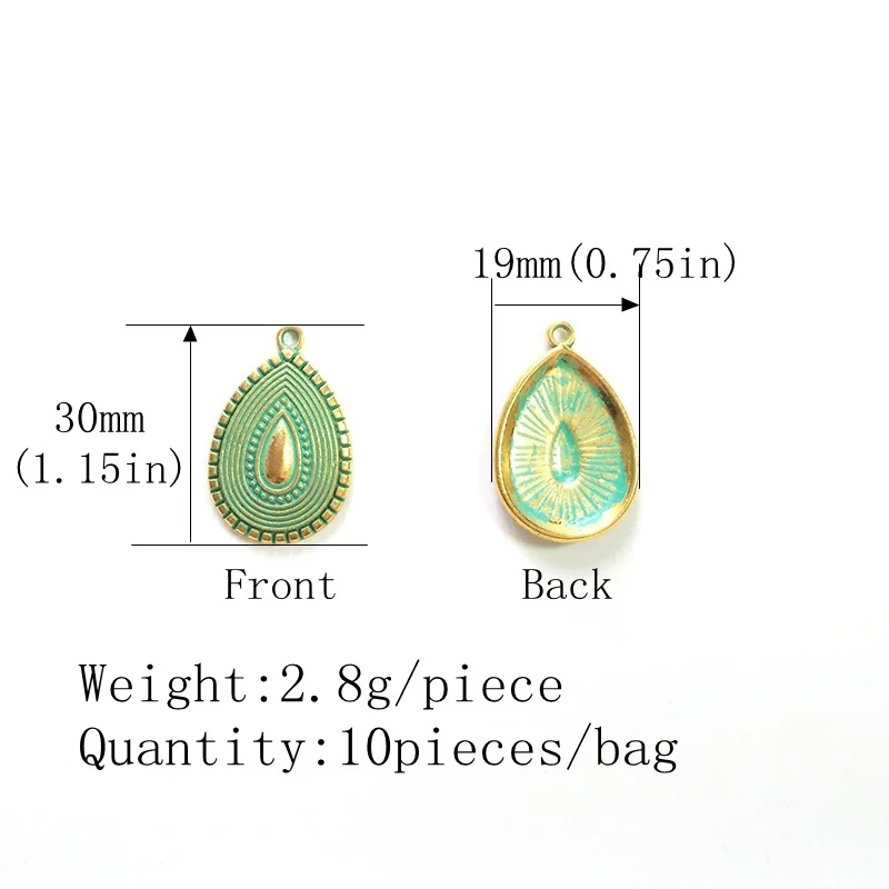 10pcs/bag 30MM Retro Patina Plated Zinc Alloy Green Big Water Drop Shape Charms Pendants For DIY Jewelry Accessories PJ010