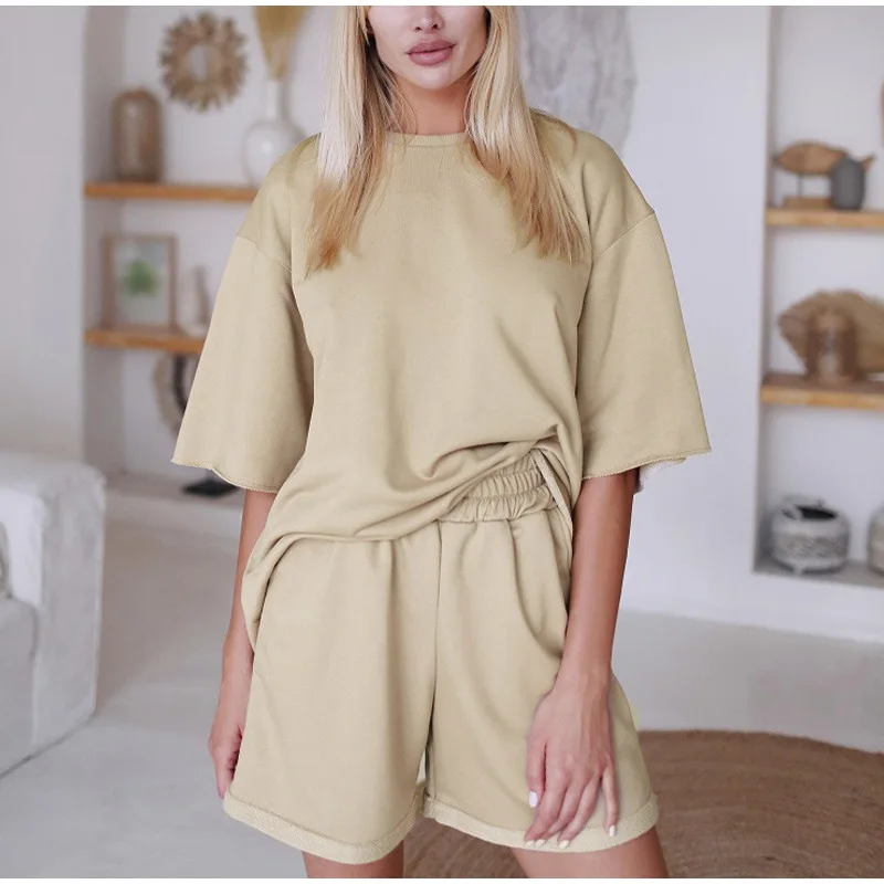 ZuoLunOuBa Summer Fashion Blank Solid Color Movement Women Suit Loose Short Sleeves Tops Elastic Waist Khaki Shorts Suits Female