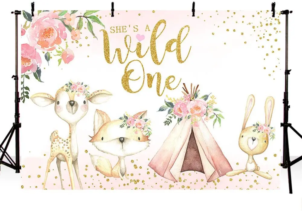 

Girl She's A Wild One Backdrop Tribal Boho Gild Happy 1st First Birthday Pink Floral Gold Teepee Photography Background