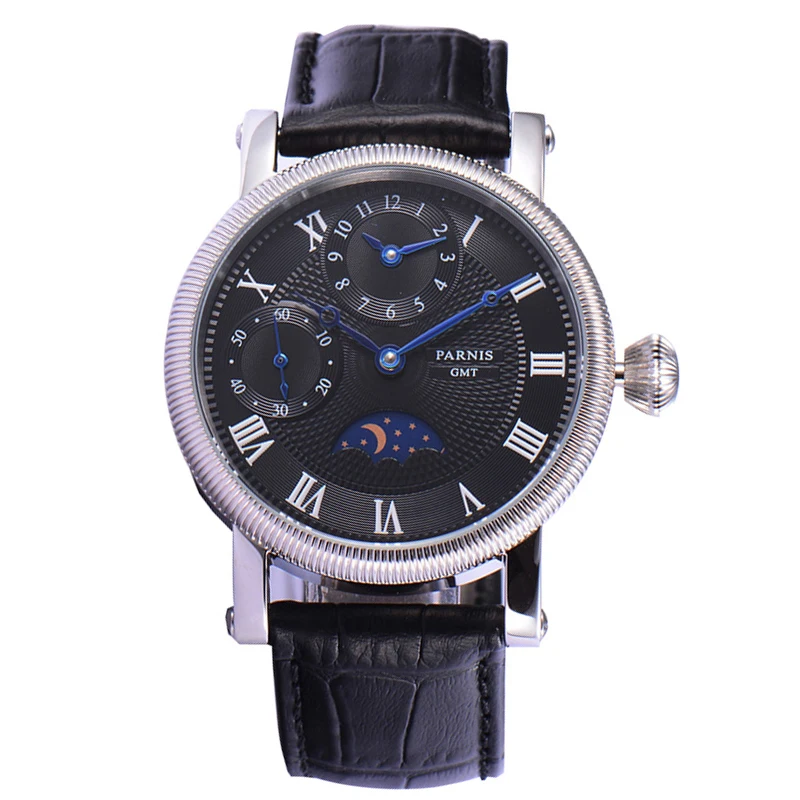 

Parnis 42mm Handwind Mechanical Watches Men Wrist Moon Phase Stainless Steel Case Leather Strap Waterproof GMT Watches Men