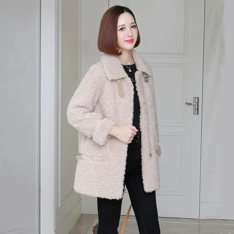 

Women Double-faced Fur Jacket Winter Warm Sheep Shearing Outerwear Korean Fashion Casual Female Plus Size Loose Lambswool Coat