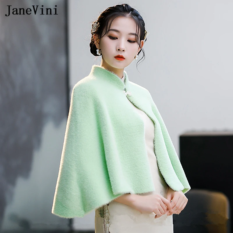 JaneVini New Elegant Women Fur Cape Mint Green Wedding Faux Fur Bolero Stole Winter Bridal Shawl Wrap Jacket Formal Party Cloak