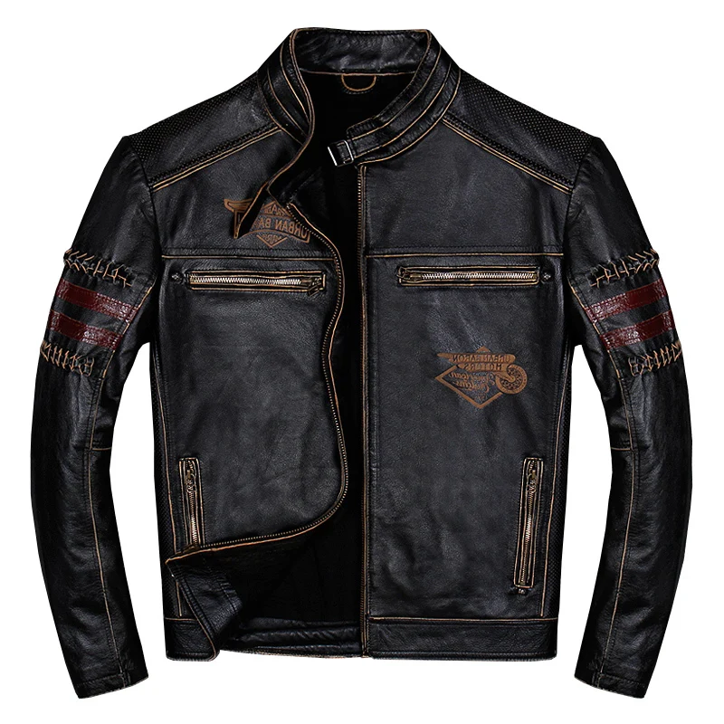 2020 Vintage Black Men Genuine Biker's Jacket Plus Size XXXL Cowhide Slim Fit Motorcycle Leather Coat FREE SHIPPING