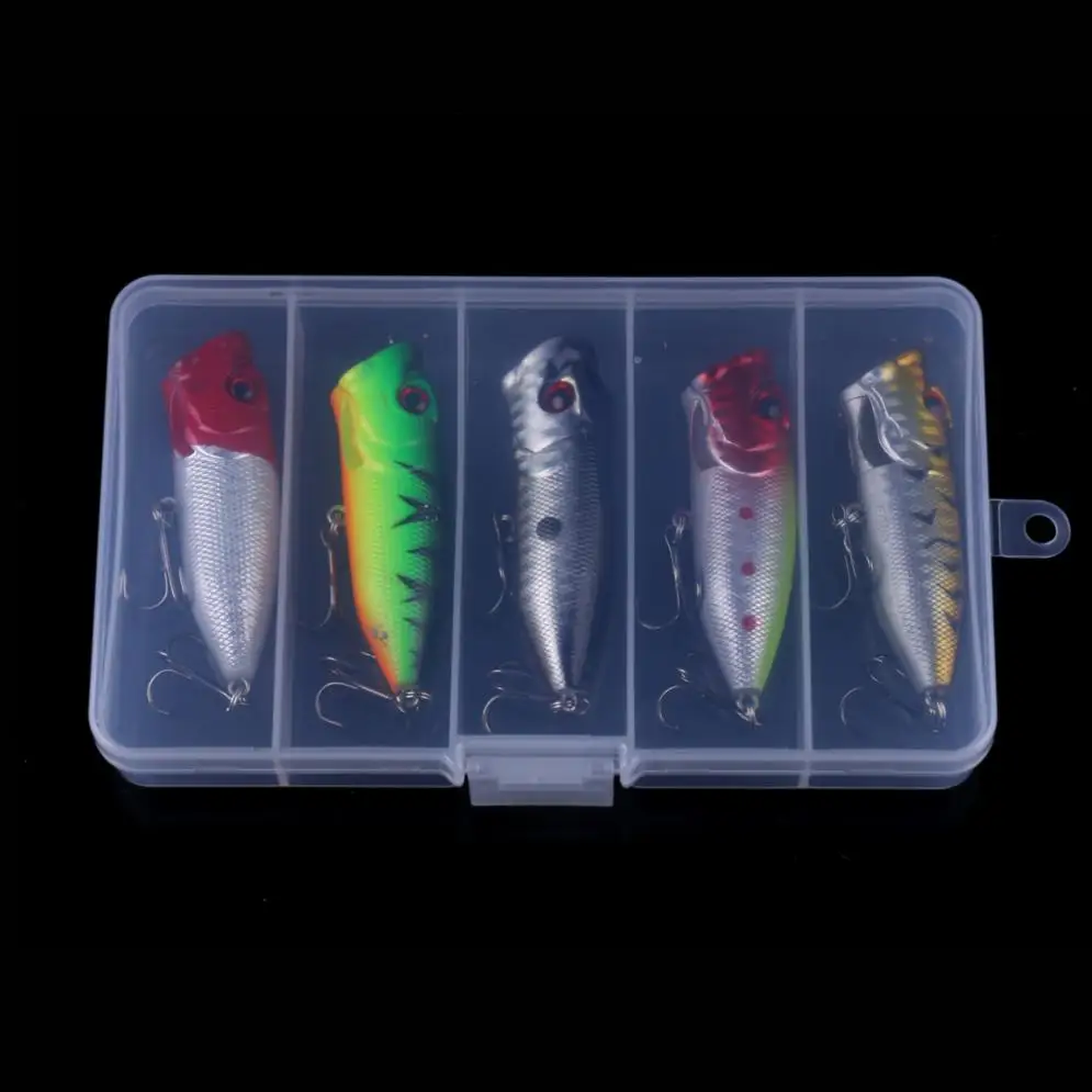 

5pcs/lot 6.5cm 13g Plastic + metal Fishing Lure Kit Popper Floating Lure Pesca Jig Fishing Hook Set With Fishing Tackle Box