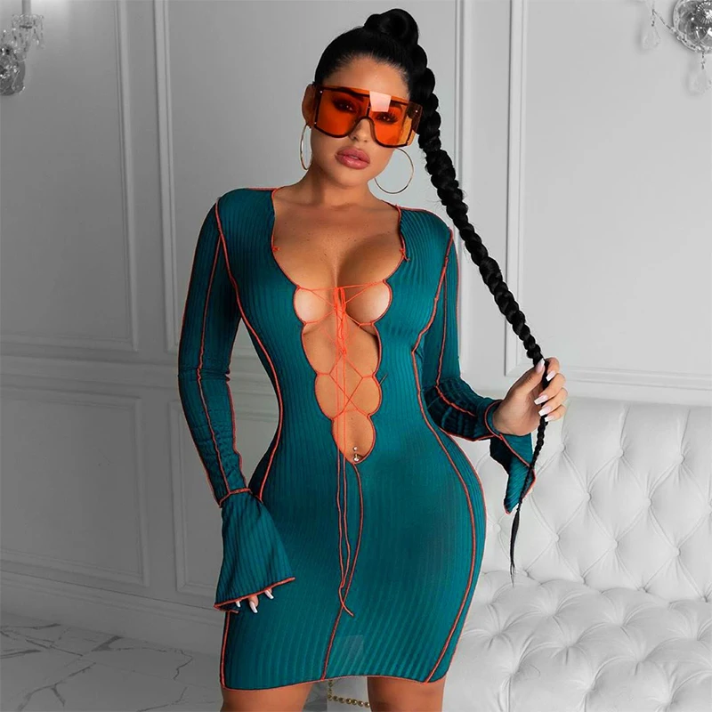 

Lace Up Deep V Neck Ribbed Long Sleeve Bodycon Dresses Women Patchwork Hot Club Partywear Sexy Fashion Mini Dress Fall