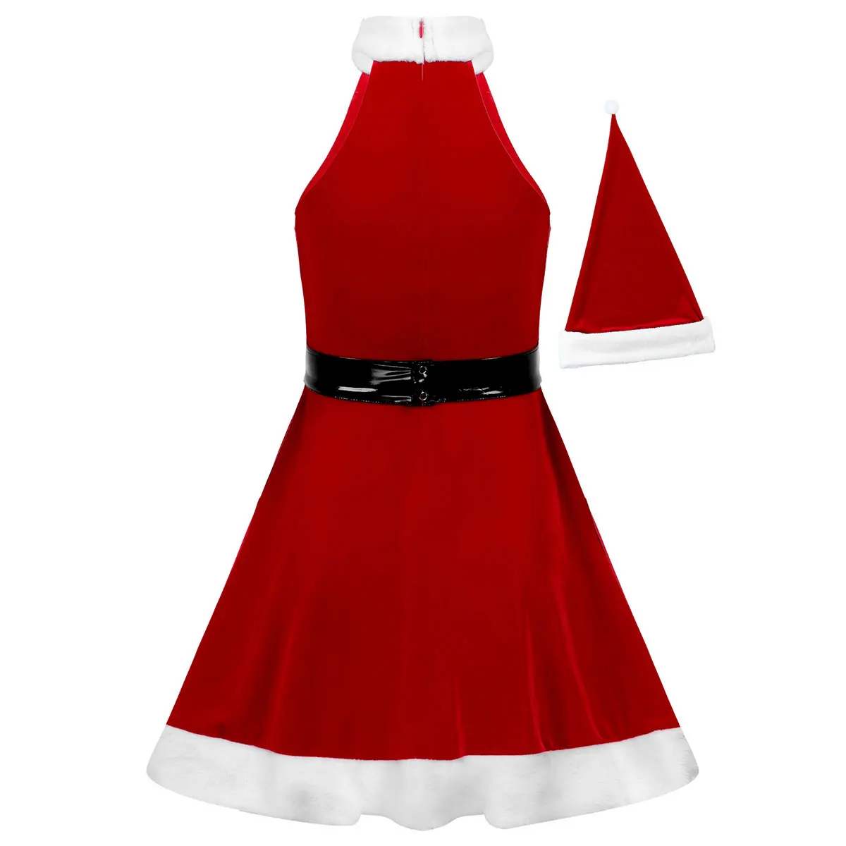 Womens Christmas Mrs Santa Claus Costume Sexy Sleeveless Velvet Dress 3Pcs Outfits Xmas Party Club Dress with Santa Hat And Belt