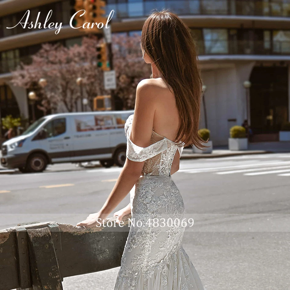 فستان زفاف حورية البحر من أشلي كارول مزين بالخرز الرائع مزين بالدانتيل قبالة الكتف ذيل طويل فستان زفاف فيستدوس دي نوفيا #4