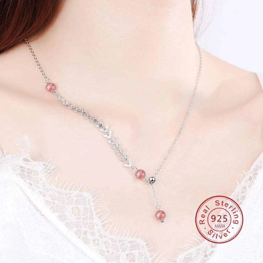 

Natural Strawberry Crystal Wheat Pendant Necklace Women's Long Clavicle Silver Color Chain Adjustable Neck Chain