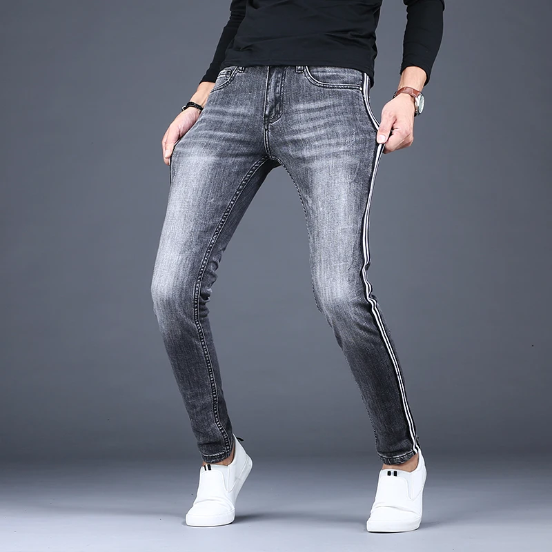 Men's Gray Black Side Stripe Jeans Fashion Stretch Denim Slim Fit Pencil Pants Korean Style Trousers
