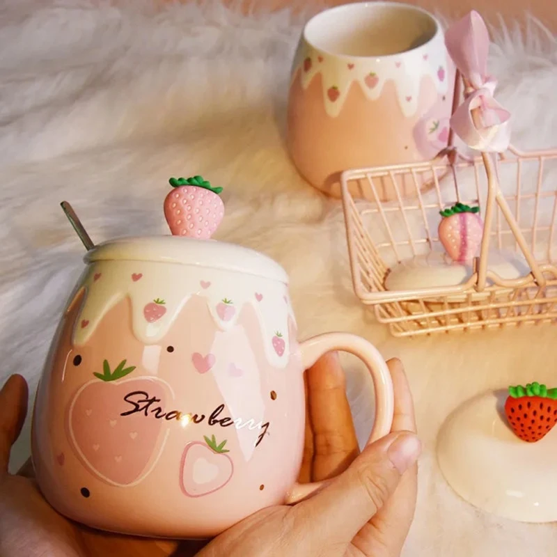 Cute Strawberry Ceramic Mug with Lid And Spoon High Temperature Ceramic Water Bottle Milk Water Tea Cup Students Girl Gift