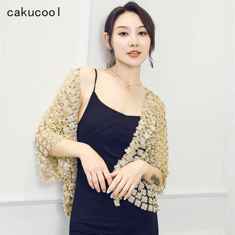 

Cakucool Women Pearl Beading Jackets Hollow Out Lace Floral Open Stitch Shiny lurex Cardigan Party Club Vocation Cappa Coat Lady