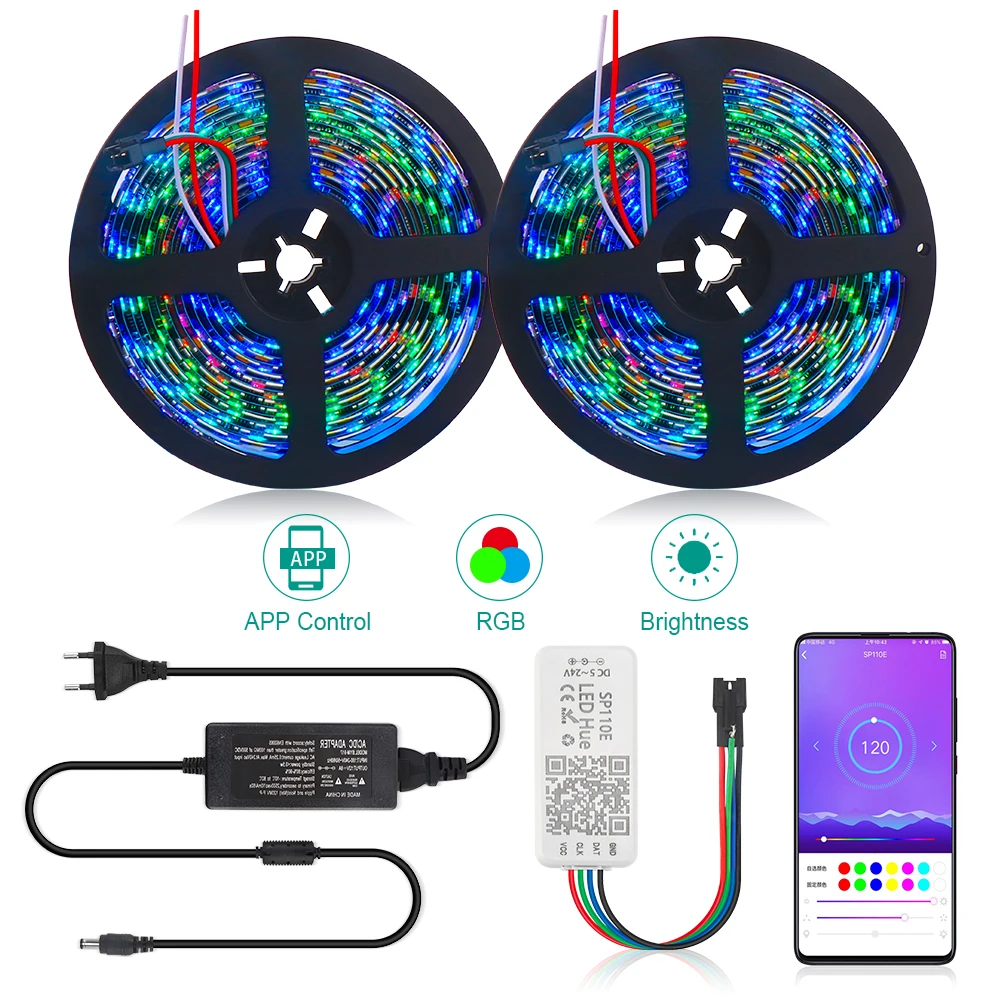 5m 10m WS2811 RGB LED Strip 5050 SMD Addressable 30/60LEDs/m SP110E Bluetooth APP Control 1 Ic Control 3 LEDs Pixel Strips Set