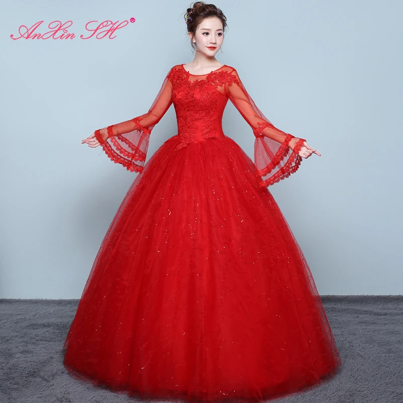 AnXin SH princess red Lace party vintage o neck beading crystal flower long flare sleeve white lace up customized wedding dress