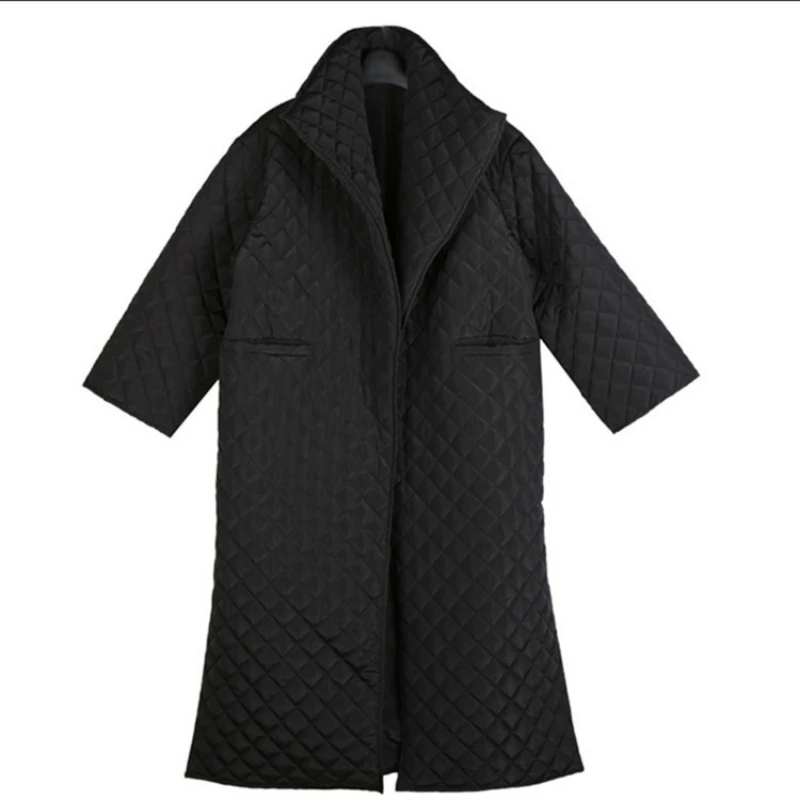 2022 Winter Black Parka Women Argyle Long Jacket Lightweight Cotton-padded Fall Cloak Coat Side High Split Stylish Robe Outwear