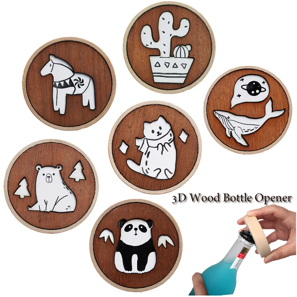 Creative Cartoon Wood Beer Bottle Opener Fridge Magnet 3D Cat Bear Decoration For Kitchen Party Bar Gift Gadget Dropshipping