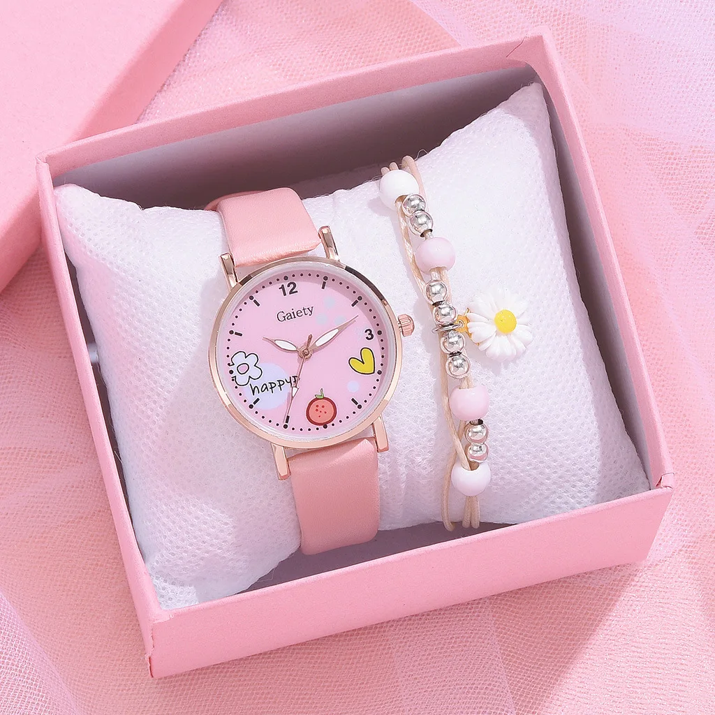 Kids Watches Pink Cute Children\'s Wristwatch Cartoon Pattern Quartz Watch Set For Girls Fashion Students\' Clock relogio infantil