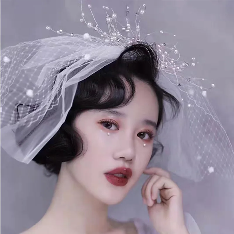 

Mingli Tengda Mesh Headdress Simple Small Headdress Short Veil Pearls Performance Bridal Wedding Accessories Wedding Velo Voile