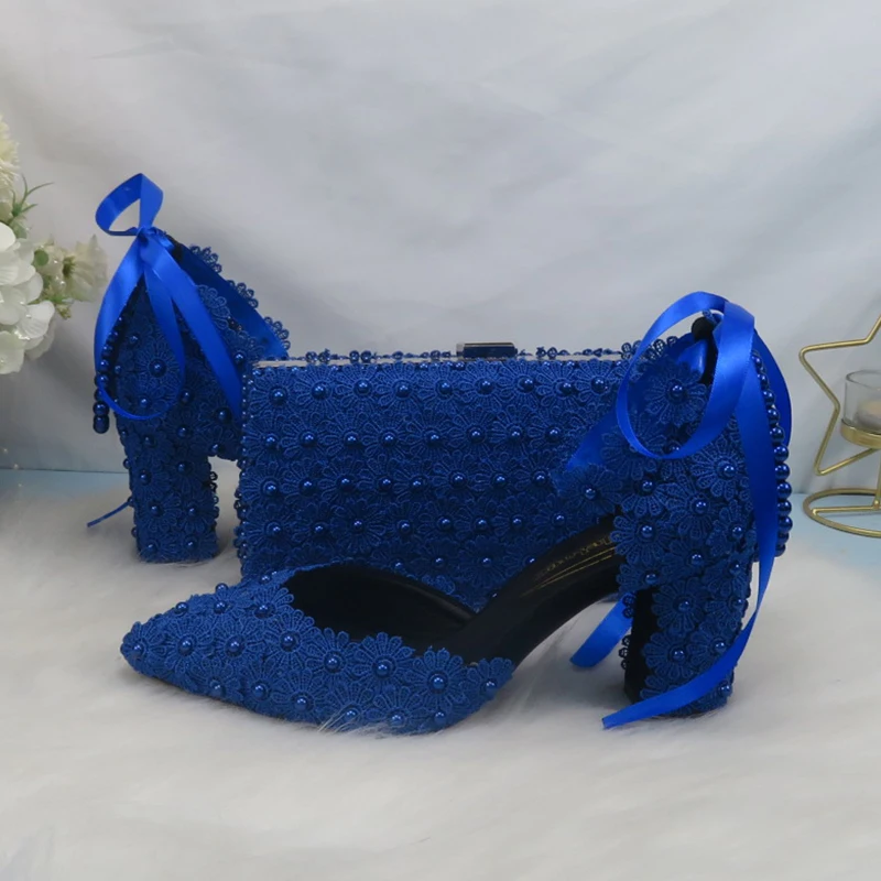 BaoYaFang Royal Blue Flower Strap Bridal wedding shoes Bride Pointed Toe Square Thick High Heel Party dress shoes and bag set