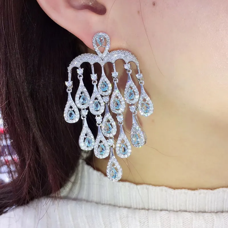 Women Designer Cubic zircon light blue stone water drop tassel dangle earrings Vintage brincos party jewelry