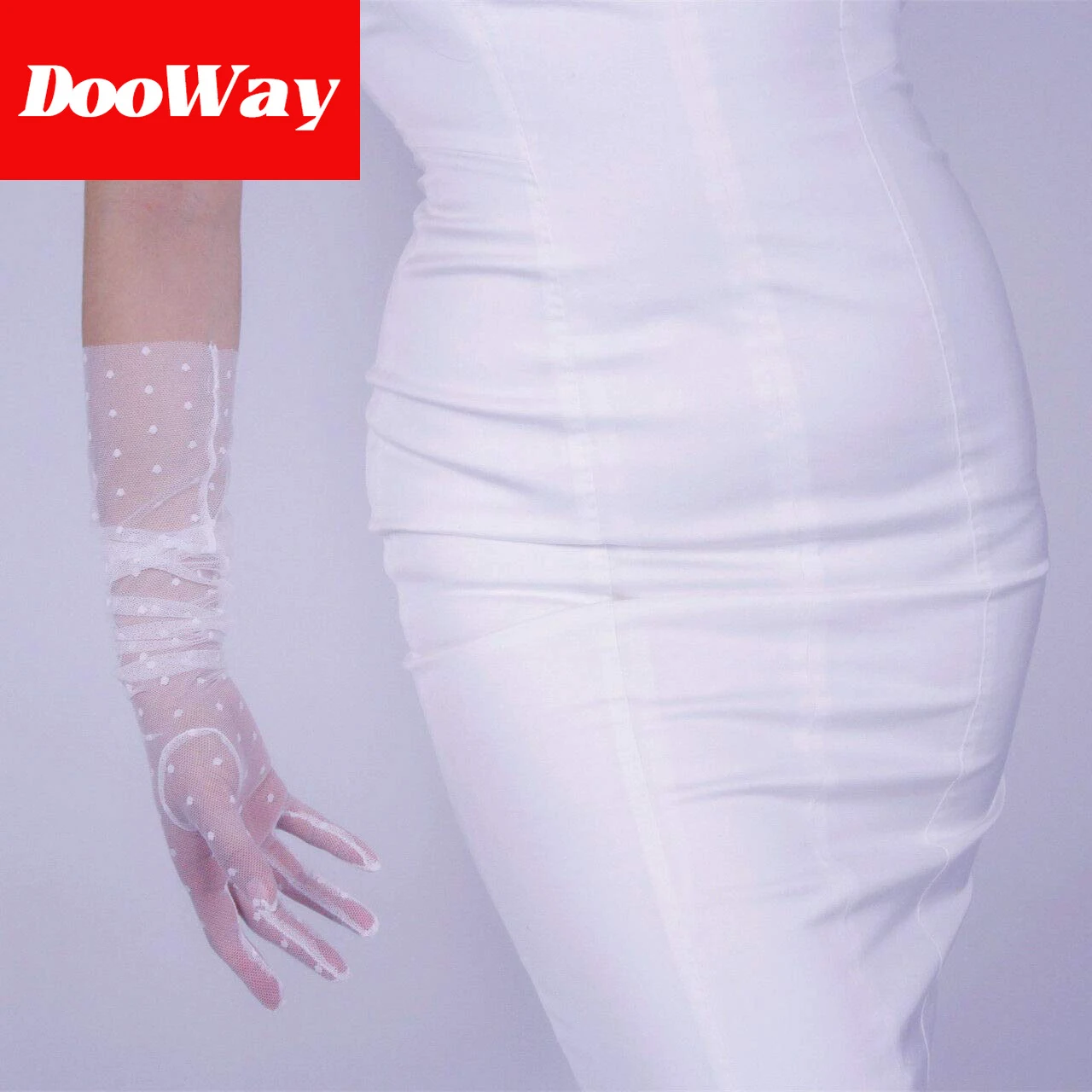 Dooway sexy moda feminina luvas polka dot laço longo branco estiramento tule malha semi sheer touchscreen 21 polegadas