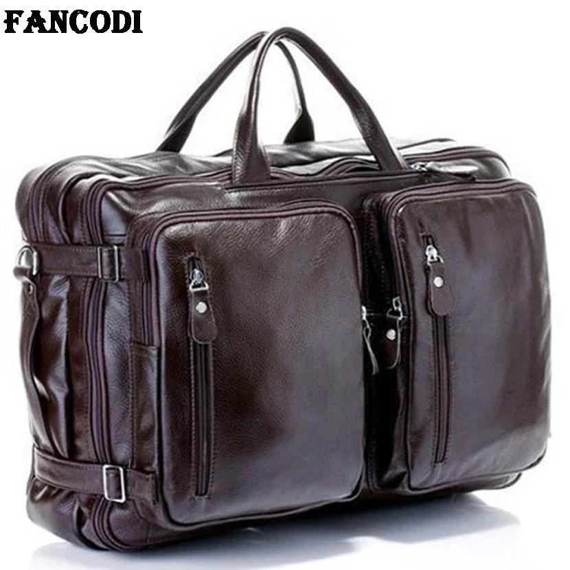 Bolso de viaje de cuero genuino para hombre, bolsa de viaje multifunción, de grano completo, grande, para fin de semana