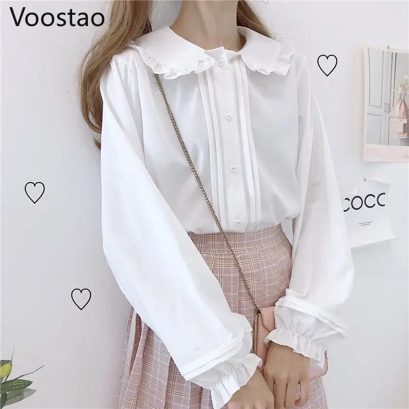 Autumn Winter Japanese Style Lolita Shirts Girly Peter Pan Collar Lantern Long Sleeve Tops Women Sweet Blouses Wear With Dress