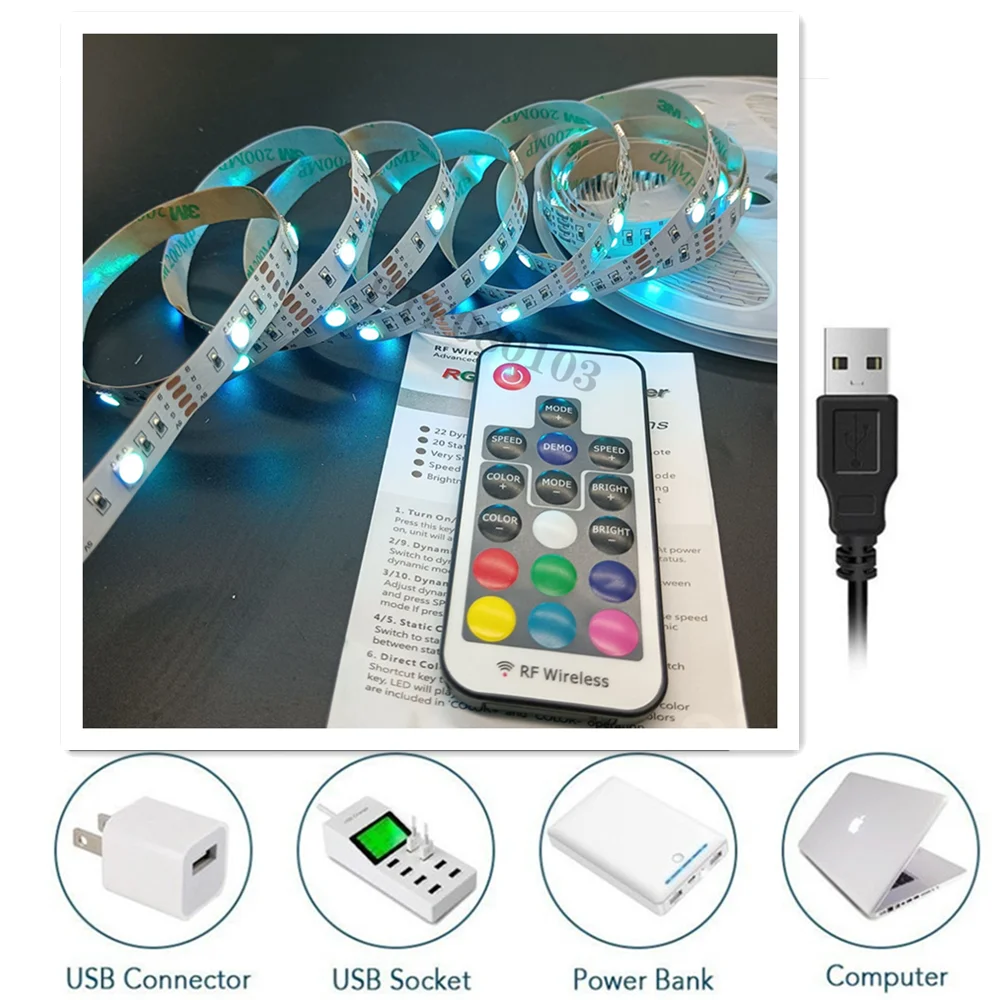 17 Key RF Remote 3 Key Switch Button Control For SMD 5050 RGB LED Strip 5V 2M 60 LEDs Strip Light