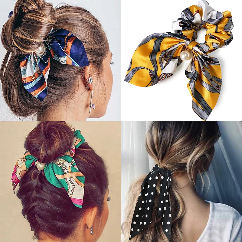 New Trend 2020 Chiffon Bowknot Silk Hair Scrunchies Women Pearl Ponytail Holder Hair Tie Hair Rope Rubber Bands Hair Accessories