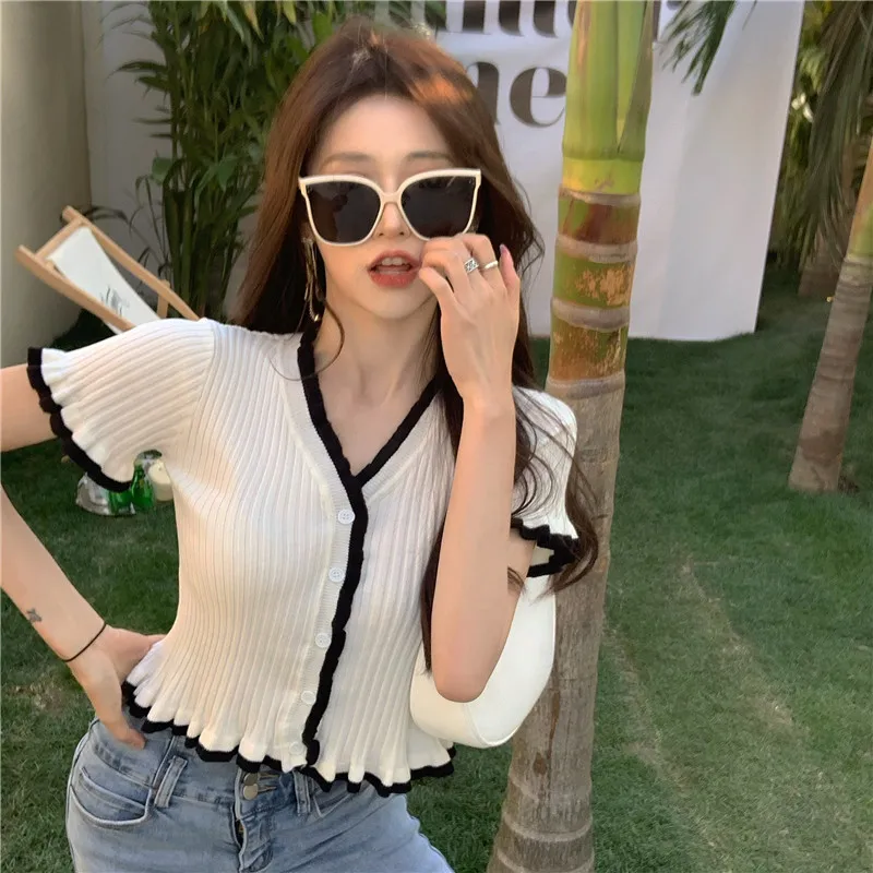 Knit Cardigan Women Contrast Color Ruffles Short Flare Sleeve Cropped Sweaters Lady Summer Thin Crop Tops For Femme