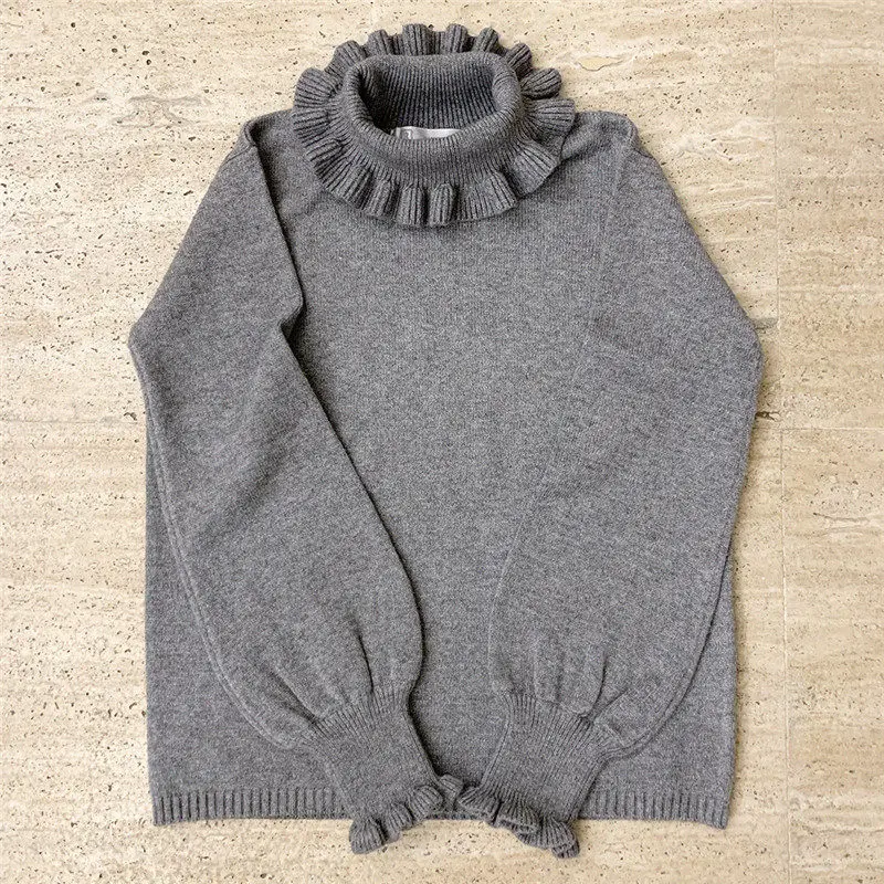 Turtleneck White Knitted Sweater Women Knitwear Autumn 2023 Vintage Ruffle Cute Girls Long Sleeve Red Jumper Christmas Sweaters