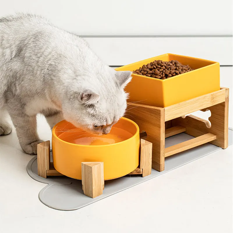 

Pet Supplies Food Bowl Anti-overturning Cat Bowl Ceramic With Bamboo Or Wood Stand Gamelle Chat миска для кошки Dog Bowl Feeder