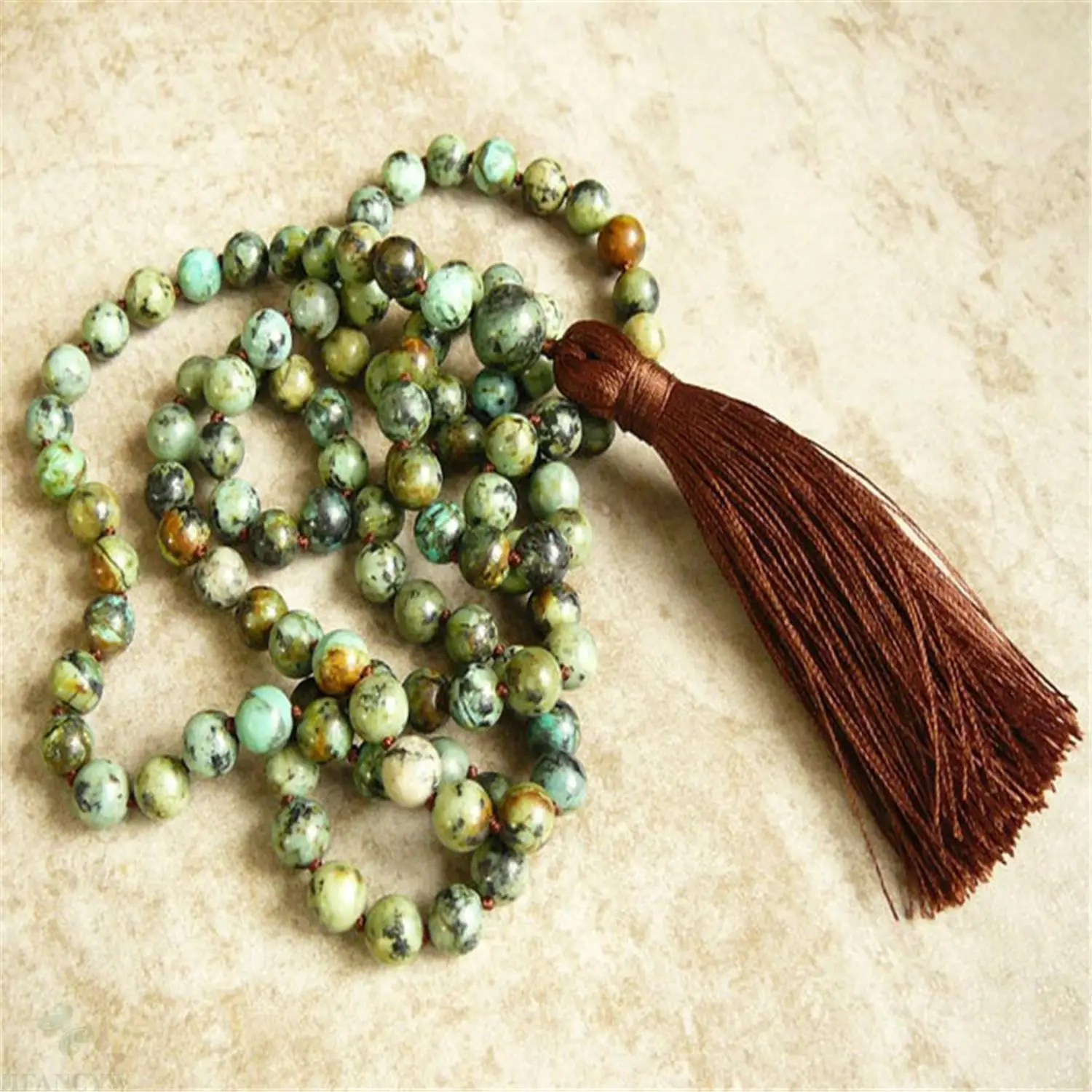 

8mm African Turquoise 108 Beads Gemstone Tassel Mala Necklace Prayer Tibetan Retro Yoga Meditation Japa Men